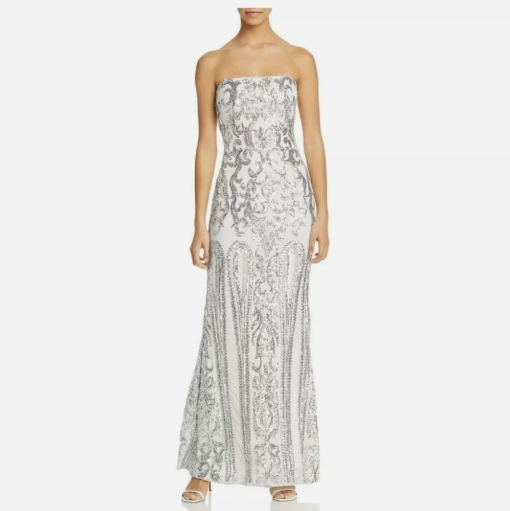 NEW AQUA White Silver Sequined Embellished Strapless Maxi Gown Dress #A20590